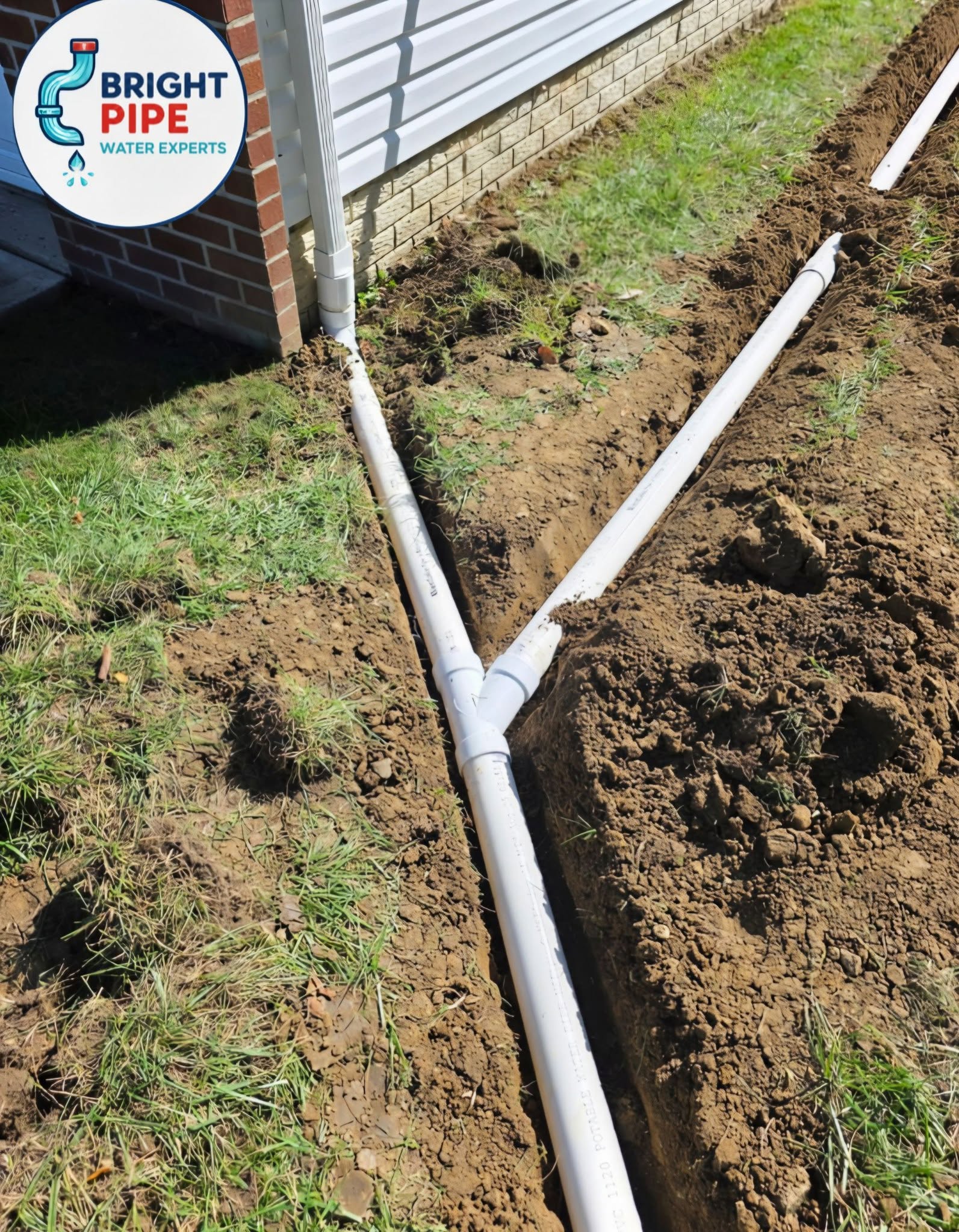 New underground pipe line trenched and installed along a home's foundation